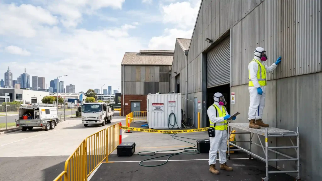Commercial asbestos removal professionals at a Melbourne industrial property