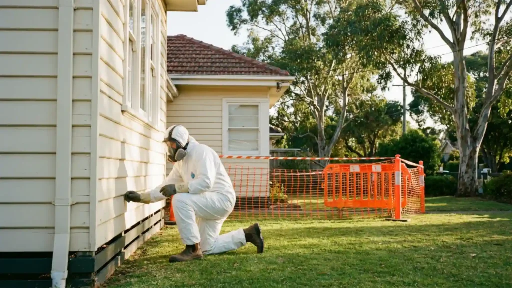 Professional asbestos removal worker inspecting an older Melbourne residential property