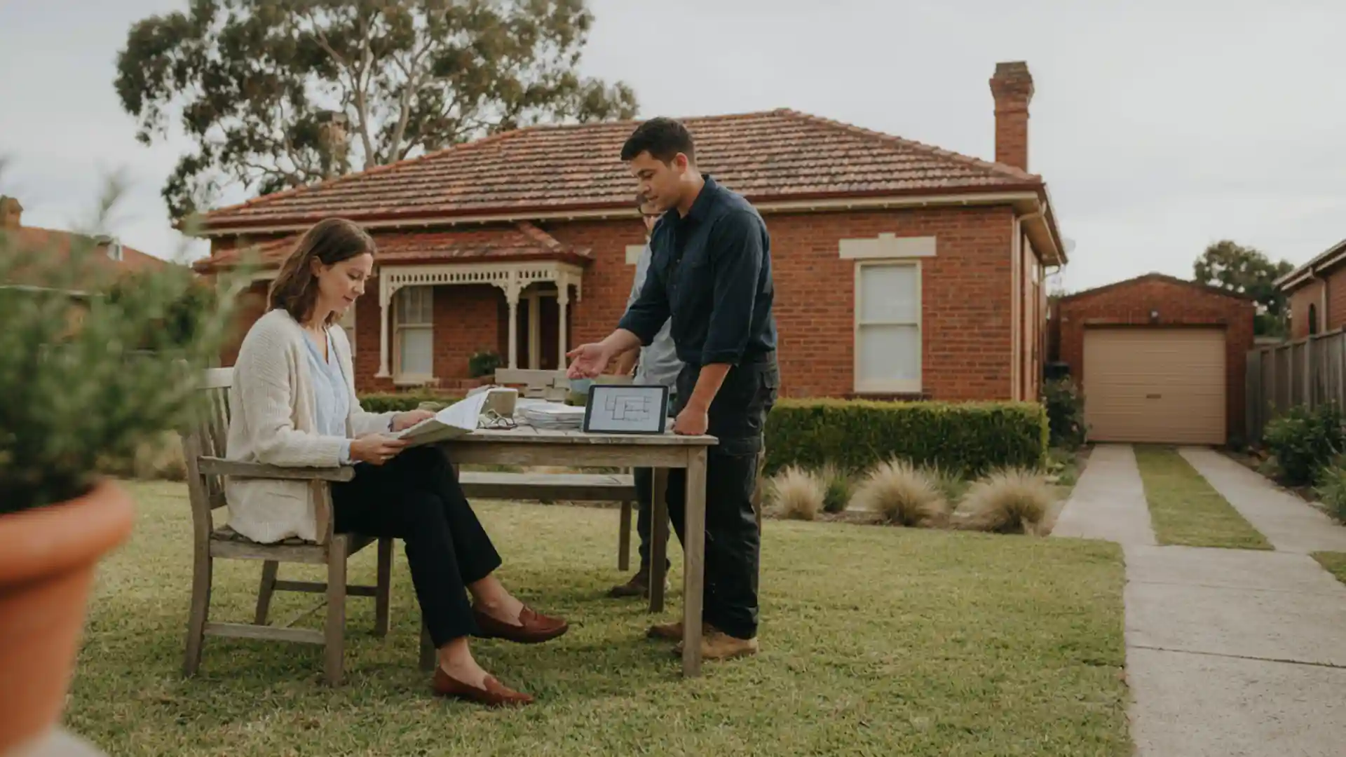 Homeowner and contractor reviewing property documents for asbestos removal quotes in Ballarat.