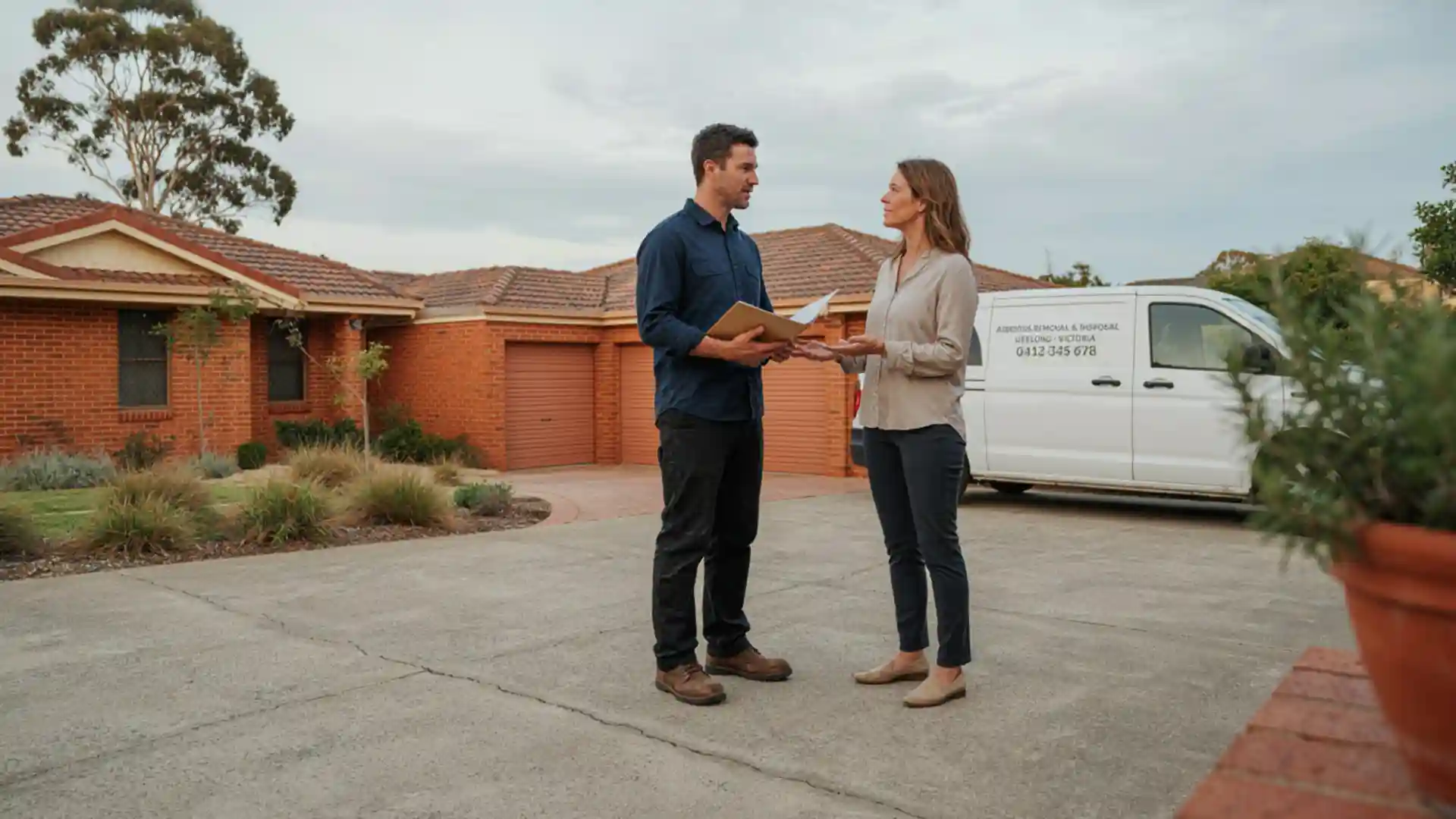 Contractor and property owner discussing asbestos removal and disposal in Geelong beside a garage driveway.
