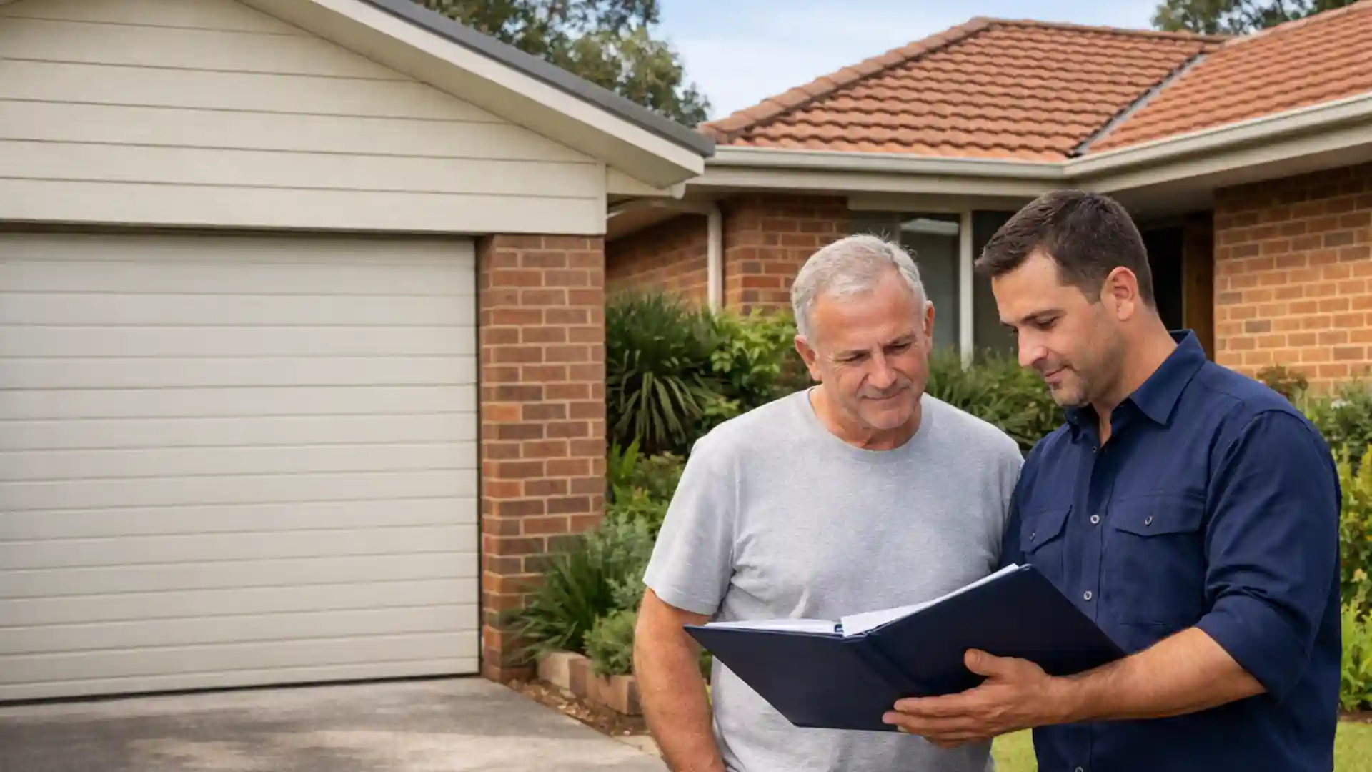 Non-friable asbestos removal planning discussion outside a Melbourne home and garage.